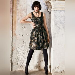 Peruvian Connection Josephine Dress Black Floral Metallic Size 6